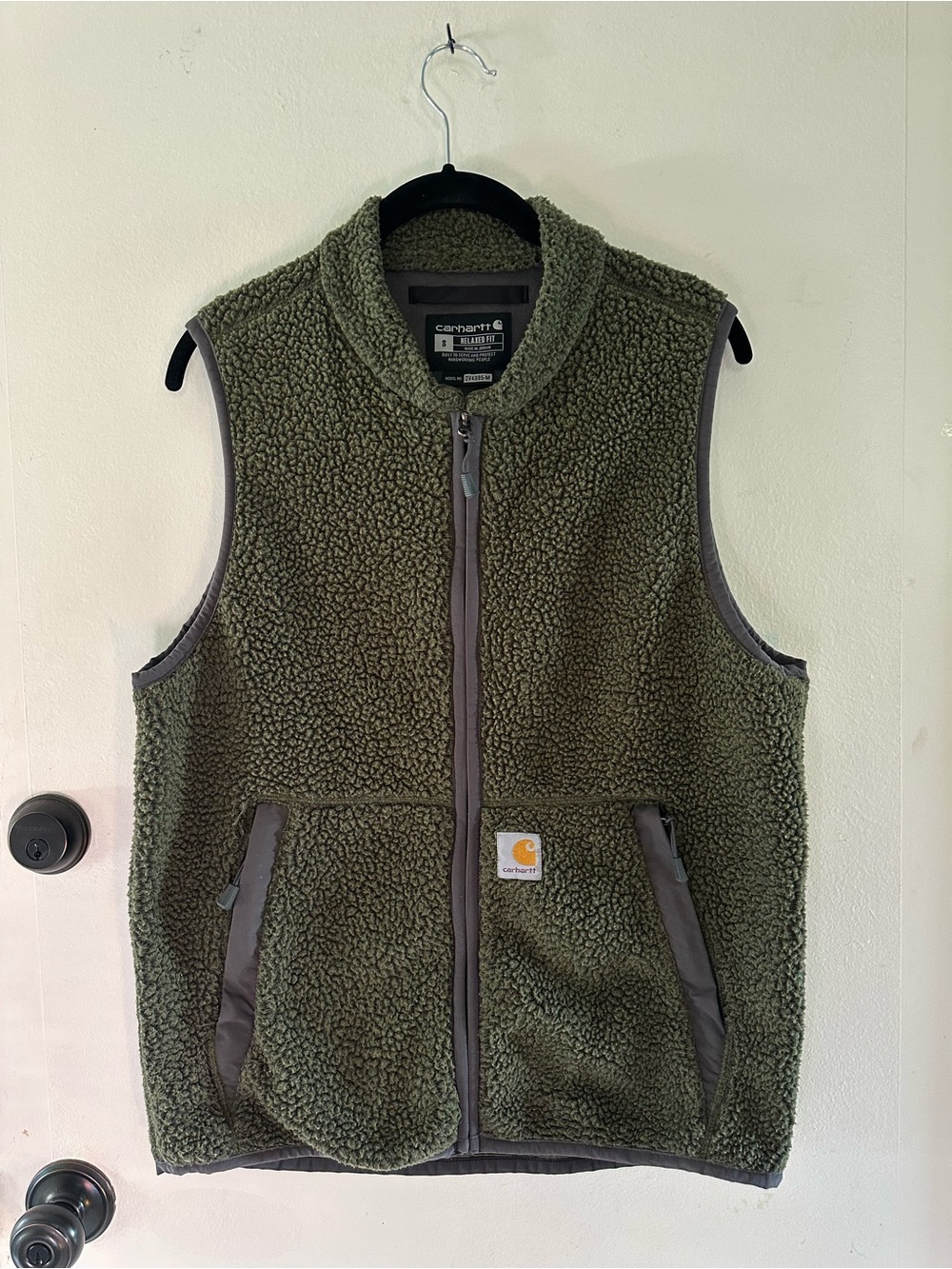 Carhartt Olive Green Sherpa Fleece Vest with Zip Pockets